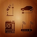 Set Router and wi-fi signal, Test tube flask on fire, Motherboard and Electric car on wooden background. Vector