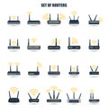 Set of routers flat icons modems, sign, wireless network, illustration. Vector