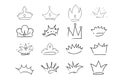 Set Royal crown, queen or princess diaden, tiara head, King in doodle style, hand drawn line isolated on white Royalty Free Stock Photo