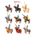 Flat vector set of royal knights in steel shiny armors. Cartoon warriors on horseback with weapon and flag in hands.