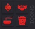 Set Rstaurant opened take out box filled, Japanese paper lantern, Sushi and Asian noodles in bowl and chopsticks icon Royalty Free Stock Photo