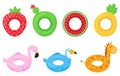 Set of rubber colorful inflatable swimming rings. Strawberry, cactus, pineapple, watermelon, pink flamingo, giraffe and