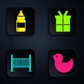 Set Rubber duck, Baby bottle, Baby crib cradle bed and Gift box. Black square button. Vector Royalty Free Stock Photo