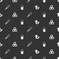 Set Rubber duck, Fidget spinner, Sword toy and Sand bucket on seamless pattern. Vector