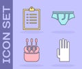 Set Rubber gloves, Clipboard with checklist, Cotton swab for ears and Underwear icon. Vector