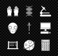 Set Rubber gloves, DNA symbol, Microscope, Pendulum, Planet, Calculator, Extraterrestrial alien face and Pipette icon