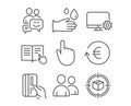 Rubber gloves, Users and Hand click icons. Exchange currency, Monitor settings and Communication signs.