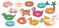 Set of Rubber Rings Unicorn, Duck, Heart and Watermelon, Dragon, Flamingo, Palm or Car with Donut. Swimming Inner Tubes