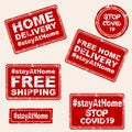 Set of rubber stamps with Stay at home and Free Home Delivery Royalty Free Stock Photo