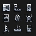 Set Rubik cube, Gamepad, Tetris, Viking in horned helmet, Rocket ship, Card game, Computer and Insects frame icon Royalty Free Stock Photo