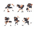 Set of rugby players running with ball. Male athletes in uniform in different actions cartoon vector illustration Royalty Free Stock Photo