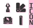 Set Ruler, Fountain pen nib, Laptop and cursor and Color palette guide icon. Vector