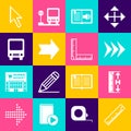 Set Ruler, Measuring height and length, Arrow, Audio book, Bus, Pixel arrow cursor and Folding ruler icon. Vector