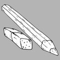 Set of ruler, pencil, erase icon. Vector illustration set of drawing instruments. Pencil, eraser, ruler for drawing.