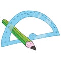 Set of ruler, pencil, erase icon. Vector illustration set of drawing instruments. Pencil, eraser, ruler for drawing.