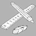 Set of ruler, pencil, erase icon. Vector illustration set of drawing instruments. Pencil, eraser, ruler for drawing.