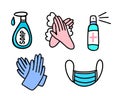 Means for protection against virus. Hand sanitizer, medical mask, gloves and soap. Vector illustration in Doodle style