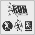 Set of running club labels, emblems and design elements. Silhouettes of runners. Royalty Free Stock Photo