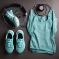 set of running gear shoes, headphones, fitness tracker