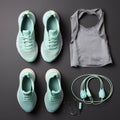 set of running gear shoes, headphones, fitness tracker