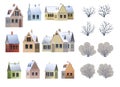 Set of rural houses. Winter season. Bare trees. Roof is covered with snow. Gable roof outbuilding. Nice and cozy