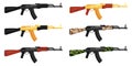 Set of Russian AK 47 and AK 74 Kalashnikov black, gold and camouflage assault rifle