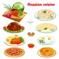 set of Russian cuisine with soup, dumplings pancake