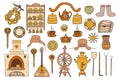 Set of Russian culture village elements. Vector hand drawn