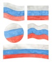 A set of Russian flags of different shapes. Watercolor drawing.