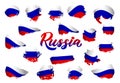 Set of russian flags with text Russia. White blue red colors. Isolated Texture spots