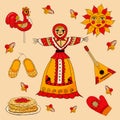 Set of Russian holiday Maslenitsa. Collection of traditional Russian symbols: Lollipop cockerel, sun, pancakes caviar, braided