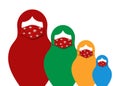 Set Russian nesting dolls matrioshka wearing surgical mask for coronavirus protection, set icon colorful symbol Russia Christmas