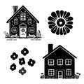 Set of rustic cottage motif in homestead vintage style. Vector illustration of whimsical rural country house with flower