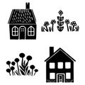 Set of rustic cottage motif in homestead vintage style. Vector illustration of whimsical rural country house with flower