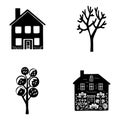 Set of rustic cottage motif in homestead vintage style. Vector illustration of whimsical rural country house with tree.