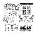 Set of rustic icons animals buildings and landscape for design. Vector hand drawn sketches. Royalty Free Stock Photo