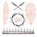 Set rustic logo elements - arrows, branches and feathers. Royalty Free Stock Photo