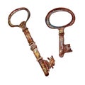 Set of rusty keys watercolor illustration isolated on white background. Royalty Free Stock Photo