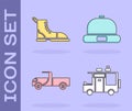 Set Rv Camping trailer, Hiking boot, Pickup truck and Beanie hat icon. Vector