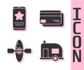 Set Rv Camping trailer, Mobile with review rating, Kayak or canoe and Credit card icon. Vector