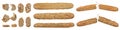 Set of rye whole grain french baguettes, long bread, isolate. A set crispy rye baguettes, cut into slices, broken in Royalty Free Stock Photo