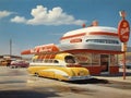 Set in 1950s, a car ordering hotdog sandwich in hotdog diner