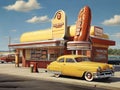 Set in 1950s, a car ordering hotdog sandwich in hotdog diner