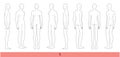 Set of S size Men Fashion template 9 nine head size Croquis Gentlemen model skinny body figure front side, 3-4 back view