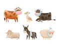 Set of sad sick animals. Unhappy cow, goose, sheep, donkey, goat wounded or after surgery farm animals cartoon vector