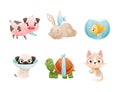 Set of sad sick animals. Unhappy pig, rabbit, fish, dog, turtle, kitten, puppy, wounded or after surgery pet animals