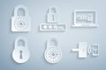 Set Safe combination lock wheel, Laptop with password, Lock, Digital door wireless, Password protection and icon. Vector