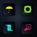 Set Safe in hand, Umbrella, Document with shield and Lifebuoy. Black square button. Vector