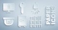 Set Safe, Ringing alarm bell, Motion sensor, Binary code, Key and Lock computer monitor icon. Vector Royalty Free Stock Photo