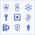 Set Safe, Shield Ethereum ETH, Cryptocurrency coin, Bitcoin, Server and gear, key, Blockchain technology and security